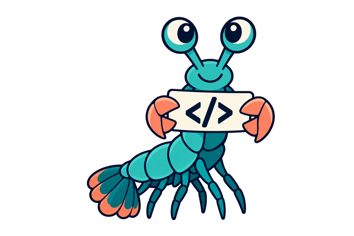 The mascot holding up a strip of code